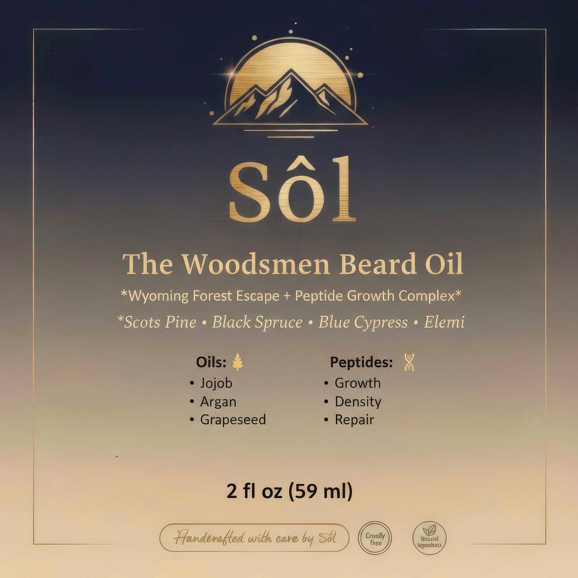 Sôl Woodsman Beard & Scalp Oil 2oz bottle – Wyoming forest scent beard oil with black spruce, cedarwood, frankincense and peptide growth formula by Sôl Vanguard Glow