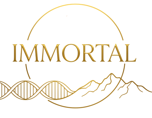 Immortal Toner logo – gold IMMORTAL text with DNA double helix and Wyoming mountain silhouette – Sôl Vanguard Glow patent-pending anti-aging toner
