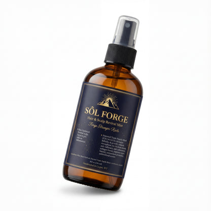 Sôl Forge Hair & Scalp Revival Mist bottle standing upright – biohacked hair growth formula with rose hydrosol and Leucidal, handcrafted in Wyoming