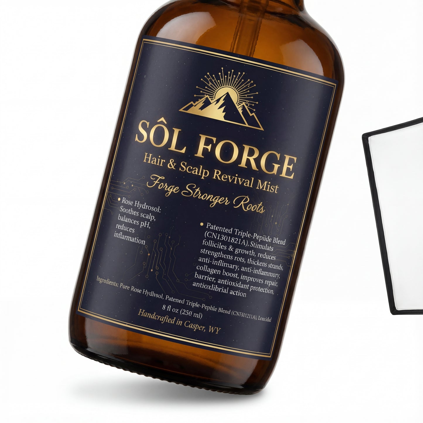 Sôl Forge Hair & Scalp Revival Mist label detail – Forge Stronger Roots hair growth mist with patented triple-peptide blend and rose hydrosol