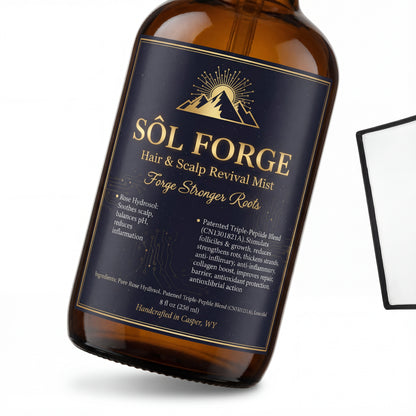 Sôl Forge Hair & Scalp Revival Mist label detail – Forge Stronger Roots hair growth mist with patented triple-peptide blend and rose hydrosol