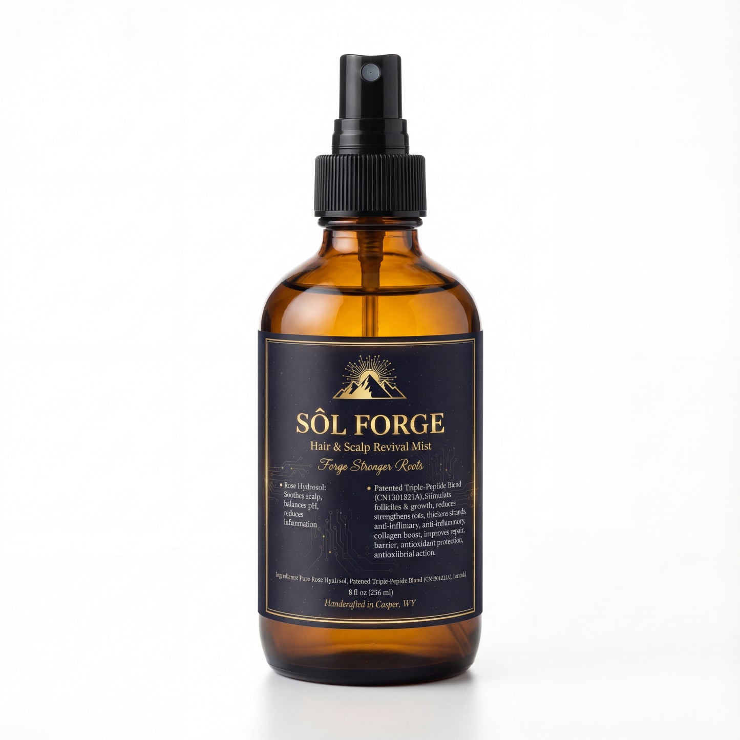 Sôl Forge Hair & Scalp Revival Mist 8oz amber spray bottle – patented triple-peptide blend CN113018211A for hair growth and scalp health by Sôl Vanguard Glow