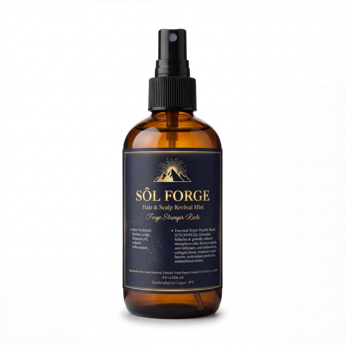 Sôl Forge hair mist bottle label close-up – biohacked scalp revival spray with rose hydrosol and Leucidal preservative handcrafted in Wyoming