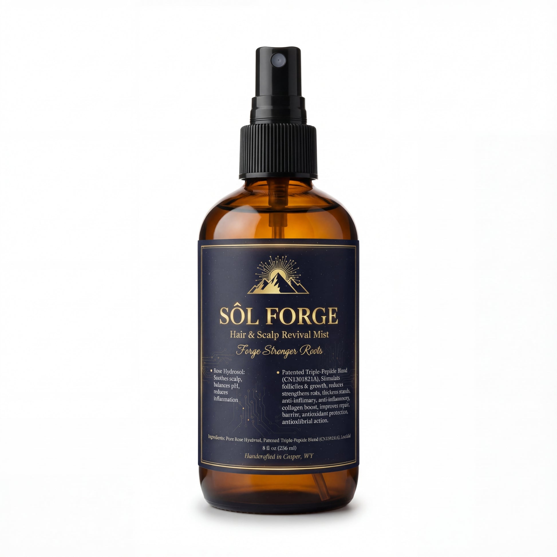 Sôl Forge hair mist bottle label close-up – biohacked scalp revival spray with rose hydrosol and Leucidal preservative handcrafted in Wyoming