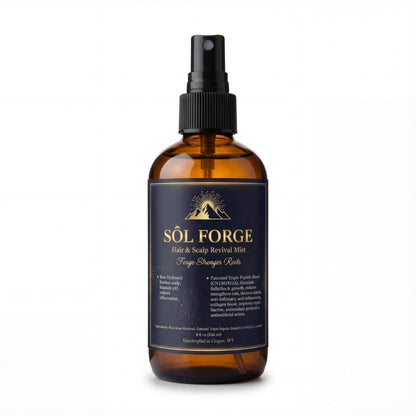 Sôl Forge hair mist bottle label close-up – biohacked scalp revival spray with rose hydrosol and Leucidal preservative handcrafted in Wyoming