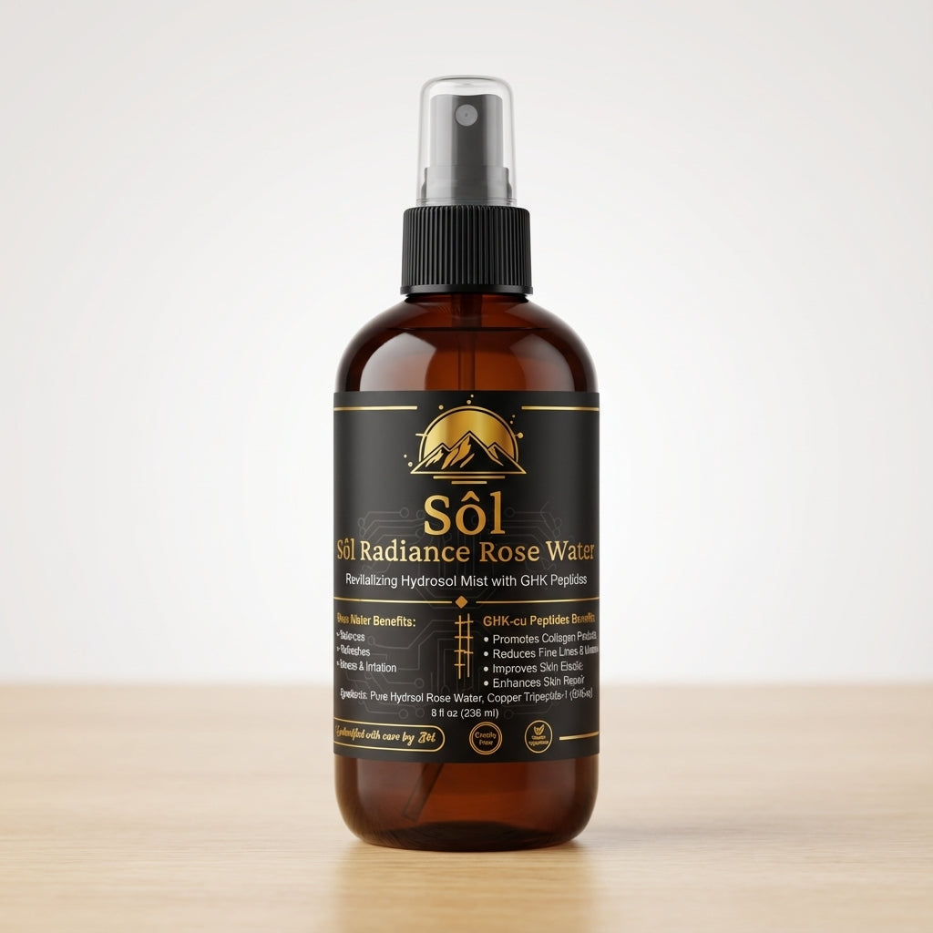 Sôl Radiance Rose Water Toner 8oz amber spray bottle – GHK-Cu peptide toner with pure Damascus rose hydrosol by Sôl Vanguard Glow