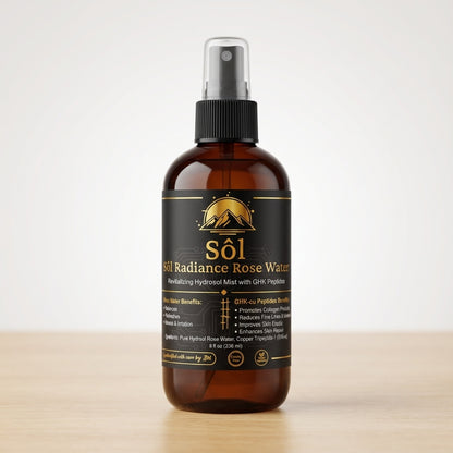 Sôl Radiance Rose Water Toner 8oz amber spray bottle – GHK-Cu peptide toner with pure Damascus rose hydrosol by Sôl Vanguard Glow