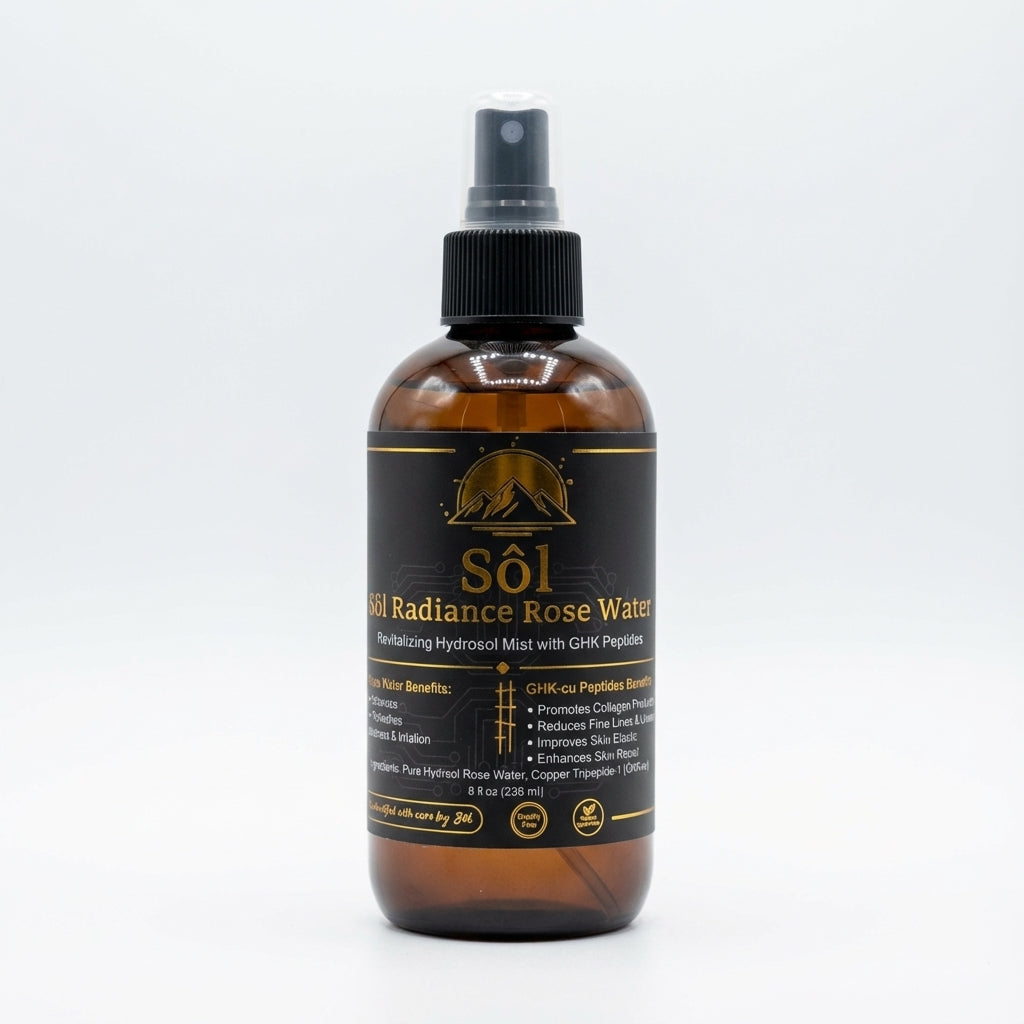 Sôl Radiance Rose Water Toner close-up label view – alcohol-free GHK-Cu peptide skin toner handcrafted in Wyoming