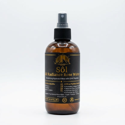 Sôl Radiance Rose Water Toner close-up label view – alcohol-free GHK-Cu peptide skin toner handcrafted in Wyoming